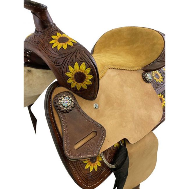 Double T Barrel Style Saddle with Hand Painted Sunflowers - 12 Inch #4