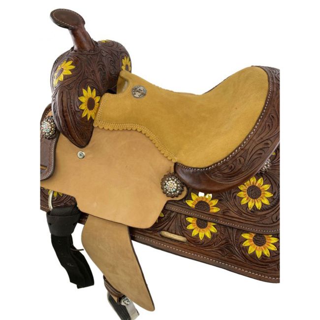 Double T Barrel Style Saddle with Hand Painted Sunflowers - 12 Inch #5