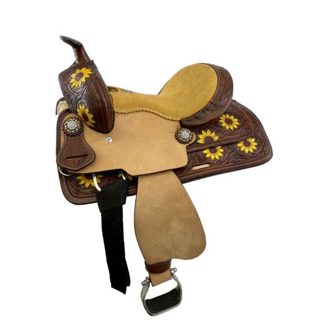 Double T Barrel Style Saddle with Hand Painted Sunflowers - 12 Inch #2