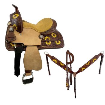 Double T Barrel Style Saddle with Hand Painted Sunflowers - 12 Inch