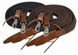 Showman 8ft flat braided nylon reins with leather popper ends