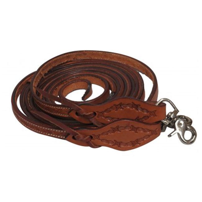 Showman 5&#47;8" x 8ft Argentina cow leather barbed wire tooled split reins with scissor snap ends