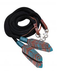 Showman 8ft round braided nylon split reins with teal painted feather popper