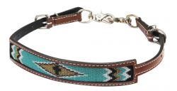 Showman Medium leather wither strap with beaded inlay - teal and gold cross