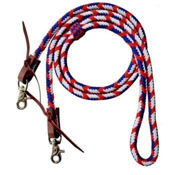 Showman 8ft Red, White, and Blue braided nylon barrel reins with scissor snap ends