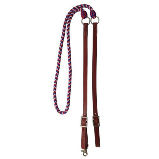 Showman Braided Red, White, and Blue nylon and leather contest reins