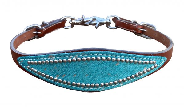 Showman  Medium Oil Leather wither strap with teal acid wash hair on cowhide overlay