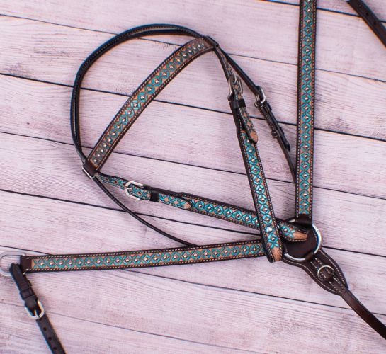 Showman Hand Painted Turquoise Floral Painted Headstall and Breast Collar Set #2