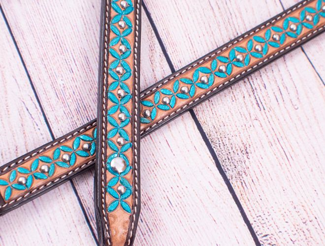 Showman Hand Painted Turquoise Floral Painted Headstall and Breast Collar Set #4