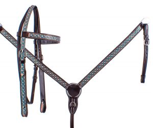 Showman Hand Painted Turquoise Floral Painted Headstall and Breast Collar Set