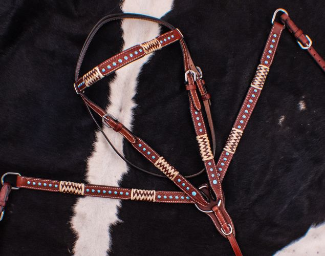 Showman Browband Rawhide Braided Headstall and Breast collar Set with Turquoise Studs #2