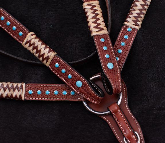 Showman Browband Rawhide Braided Headstall and Breast collar Set with Turquoise Studs #3