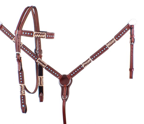 Showman Browband Rawhide Braided Headstall and Breast collar Set with Turquoise Studs