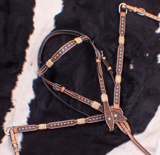Showman Rawhide Braided Headstall and Breast collar Set with Turquoise Studs #2