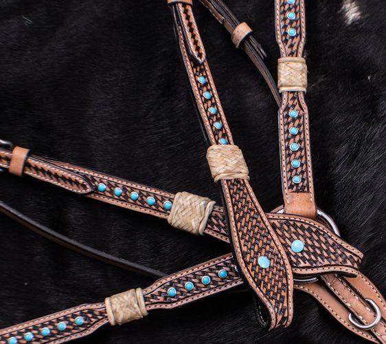 Showman Rawhide Braided Headstall and Breast collar Set with Turquoise Studs #3