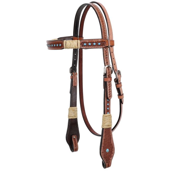 Showman Rawhide Braided Headstall and Breastcollar Set with Turquoise Studs #2