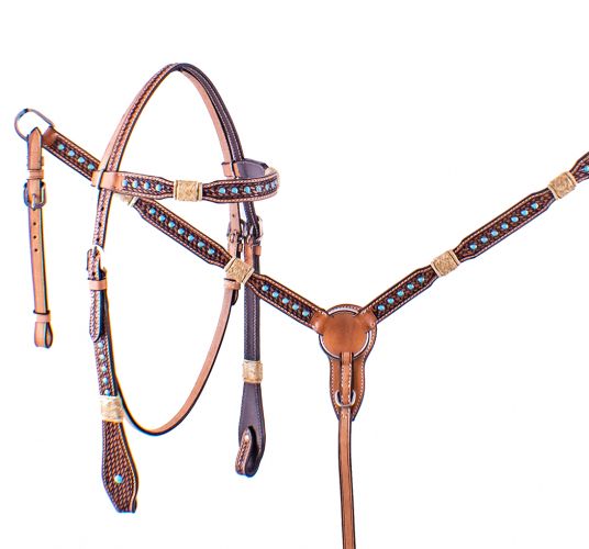 Showman Rawhide Braided Headstall and Breast collar Set with Turquoise Studs