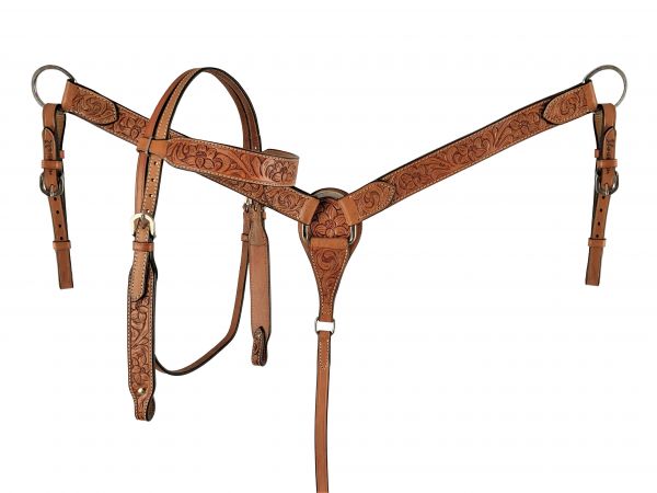 Showman  Light brown leather headstall and breast collar set with floral tooling
