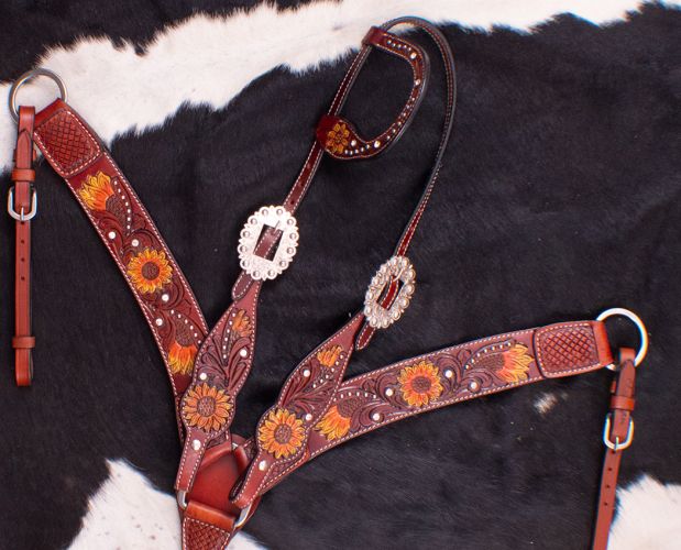 Showman Hand Painted Sunflower Single Ear Headstall and Breast collar Set with basket weave tooling #2