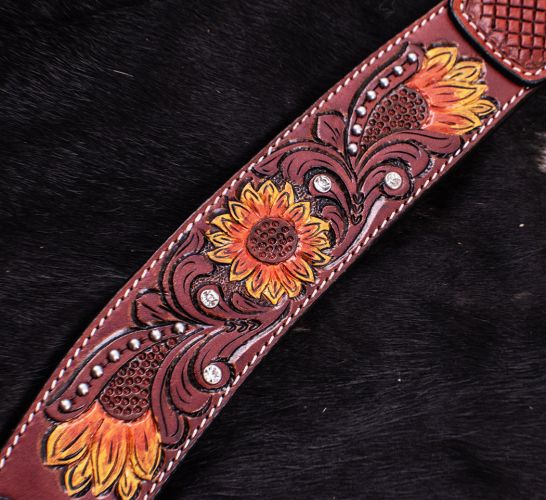 Showman Hand Painted Sunflower Single Ear Headstall and Breast collar Set with basket weave tooling #4