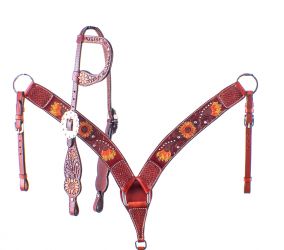 Showman Hand Painted Sunflower Single Ear Headstall and Breast collar Set with basket weave tooling