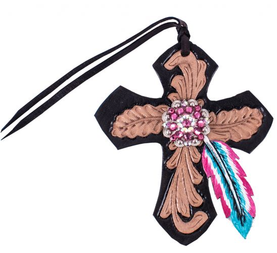 Showman  Black Tie On Leather Cross with Pink and Turquoise Feather
