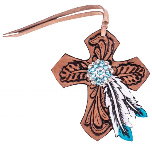 Showman  Tie On Leather Cross with Turquoise Feather