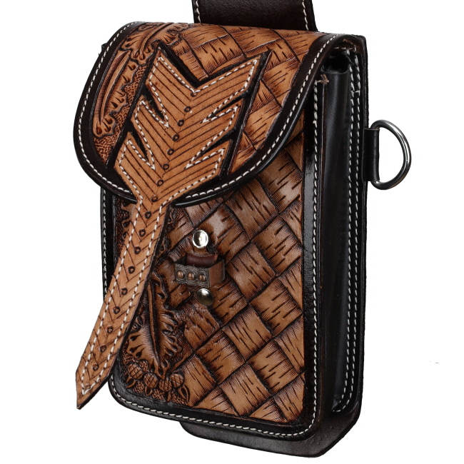 Showman Single Pommel Saddle Bag - Oak & Chevron Basketweave #2