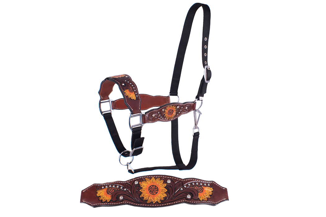 Showman Adjustable nylon bronc halter with hand painted sunflower rhinestone nose band