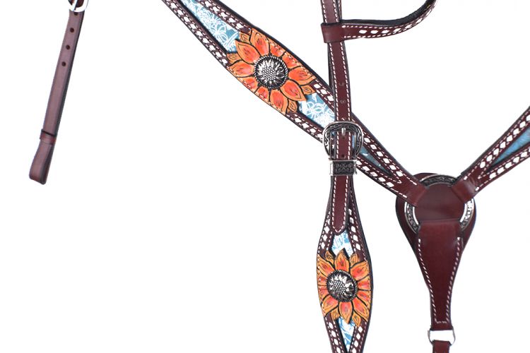 Showman Hand painted sunflower One ear bridle and breast collar set with silver filigree design conchos #2