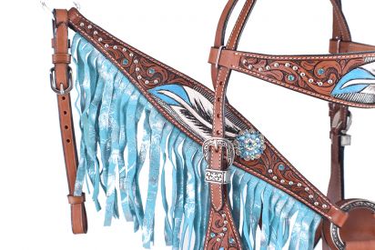 Showman Hand painted feather design browband headstall and breast collar set with crystal conchos and fringe #2