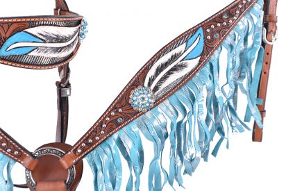 Showman Hand painted feather design browband headstall and breast collar set with crystal conchos and fringe #3