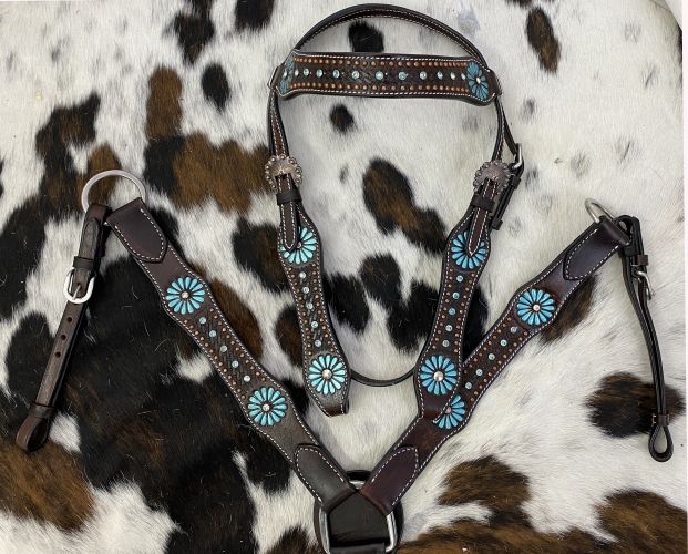 Showman  Large Pony&#47; Small Horse size Dark brown leather headstall and breast collar set with painted turquoise flower and turquoise stones #2