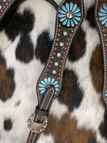 Showman  Large Pony&#47; Small Horse size Dark brown leather headstall and breast collar set with painted turquoise flower and turquoise stones #3