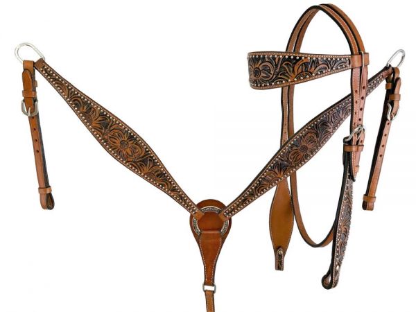 Showman Floral tooled design browband bridle and breast collar set with silver bead accents