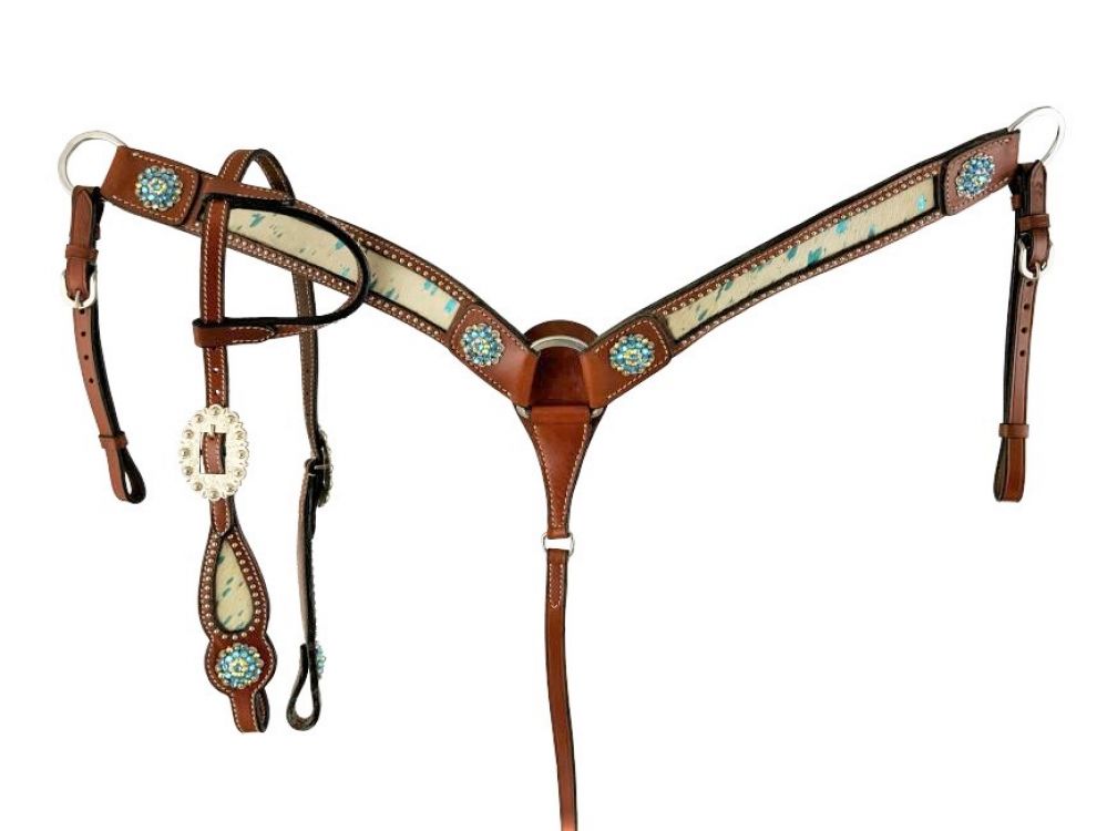 Showman Teal Acid wash Cowhide inlay One Ear headstall and breast collar set with bling conchos and hardware