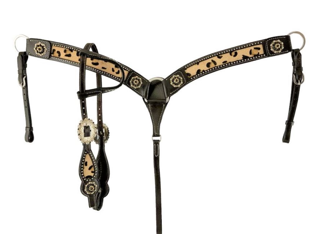 Showman Hair on Cheetah inlay One Ear headstall and breast collar set with silver beads and bling conchos and hardware