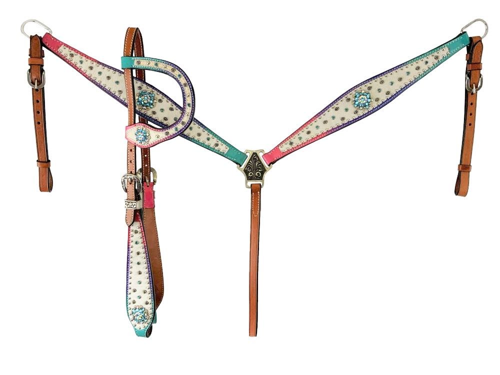 Showman Cowhide inlay One Ear headstall and breast collar set with Ombre Rainbow Leather beads and bling conchos and hardware