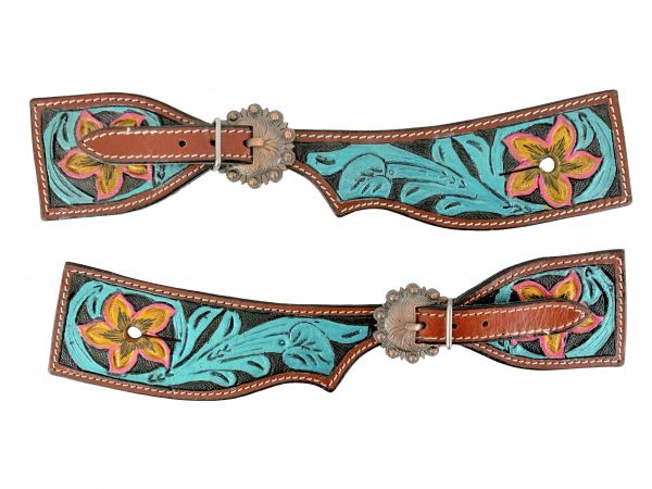 Showman Ladies spur straps with painted gold and pink flower on tooled leather
