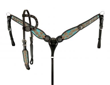 Showman Tooled Flowers on Blue Glitter Inlay Single Ear Headstall and Breast Collar Set