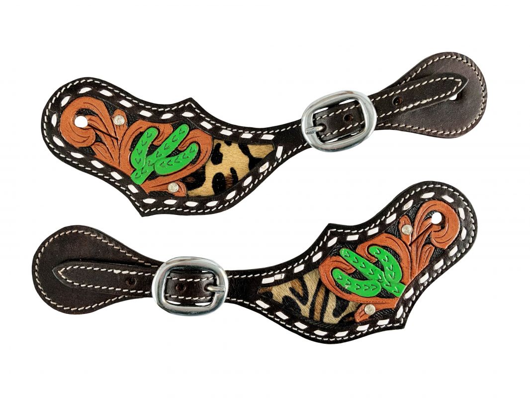 Showman Ladies leather spur straps with Hair on Cheetah Print Inlay with Painted Cactus accent