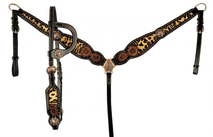 Showman Hair on Cheetah inlay One Ear headstall and breast collar set with barrel racer conchos