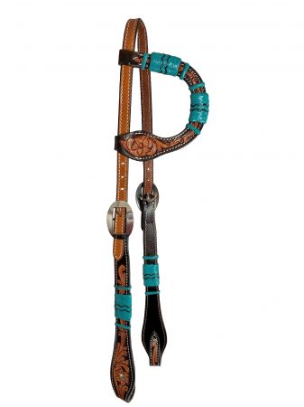 Showman Floral Tooled One Ear Teal Rawhide Laced Leather Headstall