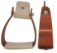 Showman Angled Off Set Copper Colored Aluminum Stirrups. Lightweight design. Smooth Light colored Leather tread