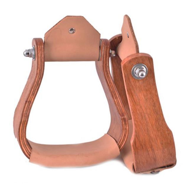 Showman Curved Teakwood Wooden Stirrups with Leather Tread #2