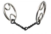 Showman stainless steel divided O-ring sweet iron snaffle. 5 1/4" broken, twisted wire mouth piece with a 3" O-ring style cheek