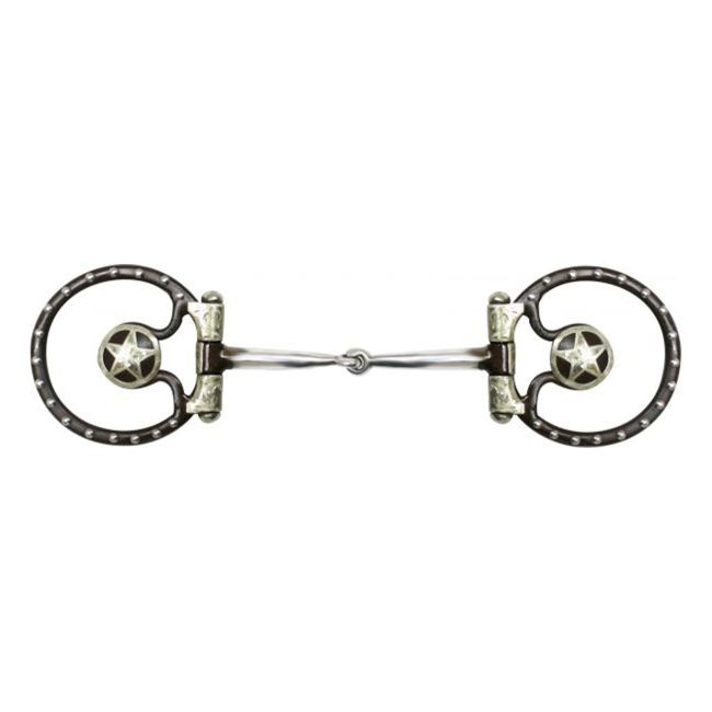 Showman brown steel bit with silver accents and Texas star on the 3.5" ring cheeks. Stainless steel 5.25" broken mouth piece