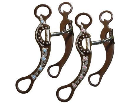 Showman brown steel bit with engraved silver flower detailing with rhinestone accents on the 8.75" cheeks. Stainless steel 5" broken mouth