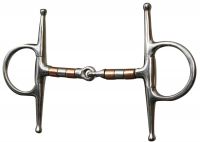 Showman stainless steel full cheek snaffle. 5" mouth with copper and stainless steel rollers and 5 7/8" cheek with 2 1/2" ring