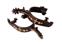 Showman brown steel spur with copper studded cross and engraved copper and gold studs